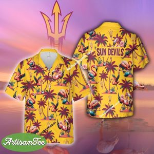 Arizona State Sun Devils Coconut Tree Island Flamingo Play Football Hawaiian Shirt Short Sleeve For Men Women - NCAA Arizona State Sun Devils Flamingo Play Football Hawaiian Shirt Photo 2