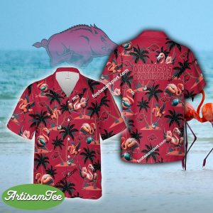 Arkansas Razorbacks Coconut Tree Pattern Aloha Hawaiian Shirt Flamingo Play Football Gift Beach - NCAA Arkansas Razorbacks Flamingo Play Football Hawaiian Shirt Photo 2