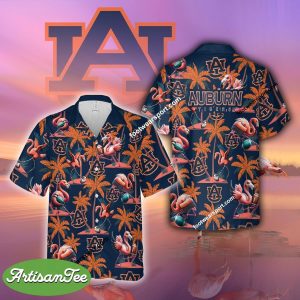 Auburn Tigers Coconut Tree Pattern Flamingo Play Football Hawaiian Shirt For Men Women - NCAA Auburn Tigers Flamingo Play Football Hawaiian Shirt Photo 2