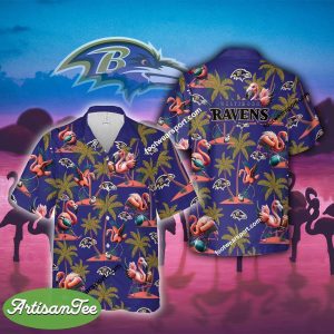Baltimore Ravens Coconut Tree Island Flamingo Play Football Hawaiian Shirt AOP Gift Beach - NFL Baltimore Ravens Flamingo Play Football Hawaiian Shirt Photo 2