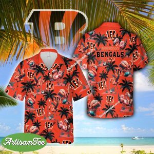 Cincinnati Bengals Flamingo Play Football Coconut Tree Pattern Hawaiian Shirt All Over Print Gift Beach - NFL Cincinnati Bengals Flamingo Play Football Hawaiian Shirt Photo 2