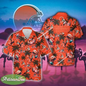 Cleveland Browns Coconut Tree Island Flamingo Play Football AOP Hawaiian Shirt For Summer - NFL Cleveland Browns Flamingo Play Football Hawaiian Shirt Photo 2