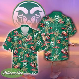 Colorado State Rams Coconut Tree Island Hawaiian Shirt Short Sleeve Flamingo Play Football Gift Beach - NCAA Colorado State Rams Flamingo Play Football Hawaiian Shirt Photo 2