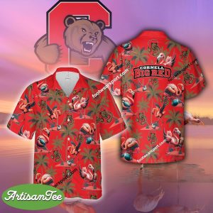 Cornell Big Red Coconut Tree Pattern Aloha Hawaiian Shirt Flamingo Play Football For Summer - NCAA2 Cornell Big Red Flamingo Play Football Hawaiian Shirt Photo 2
