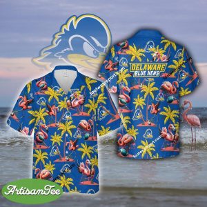 delaware blue hens Coconut Tree Island Flamingo Play Football Hawaiian Shirt For Men Women - NCAA2 delaware blue hens Flamingo Play Football Hawaiian Shirt Photo 2