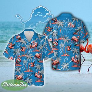 Detroit Lions Flamingo Play Football Coconut Tree Island Hawaiian Shirt Gift Beach - NFL Detroit Lions Flamingo Play Football Hawaiian Shirt Photo 2