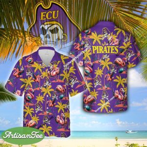 East Carolina Pirates Flamingo Play Football Coconut Tree Pattern Hawaiian Shirt AOP For Summer - NCAA East Carolina Pirates Flamingo Play Football Hawaiian Shirt Photo 2