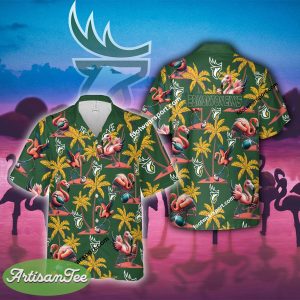 Edmonton Elks Coconut Tree Island Hawaiian Shirt All Over Print Flamingo Play Football For Men Women - CFL Edmonton Elks Flamingo Play Football Hawaiian Shirt Photo 2