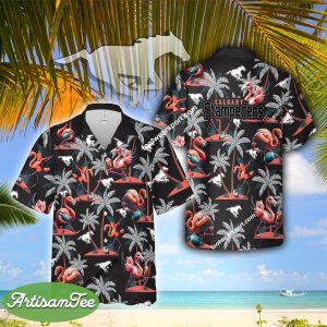 Flamingo Play Football Calgary Stampeders Hawaiian Shirt AOP Special Gifts - CFL Calgary Stampeders Flamingo Play Football Hawaiian Shirt Photo 2