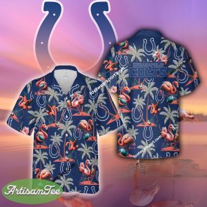 Flamingo Play Football Indianapolis Colts Hawaiian Shirt Gift For Summer - NFL Indianapolis Colts Flamingo Play Football Hawaiian Shirt Photo 2