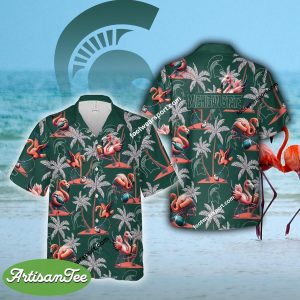Flamingo Play Football Michigan State Spartans AOP Hawaiian Shirt Gift For Fans - NCAA Michigan State Spartans Flamingo Play Football Hawaiian Shirt Photo 2