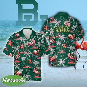 Flamingo Play With Baylor Bears Hawaiian Shirt For Beach - NCAA Baylor Bears Flamingo Play Football Hawaiian Shirt Photo 2