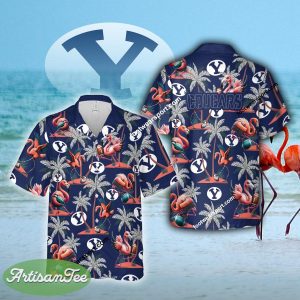 Flamingo Play With BYU Cougars Hawaiian Shirt All Over Print Gift Summer - NCAA BYU Cougars Flamingo Play Football Hawaiian Shirt Photo 2