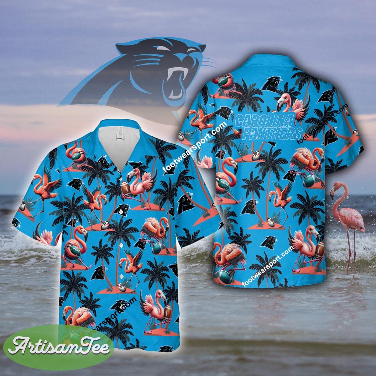 Flamingo Play With Carolina Panthers AOP Hawaiian Shirt Gift For Fans 3 Flamingo Play With Carolina Panthers AOP Hawaiian Shirt Gift For Fans - NFL Carolina Panthers Flamingo Play Football Hawaiian Shirt Photo 2