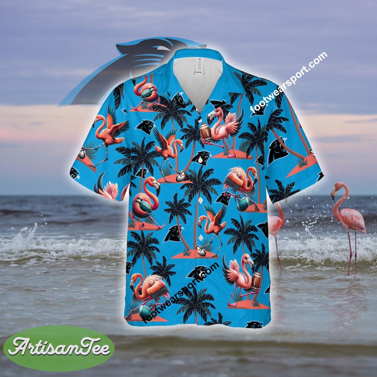 Flamingo Play With Carolina Panthers AOP Hawaiian Shirt Gift For Fans 2 Flamingo Play With Carolina Panthers AOP Hawaiian Shirt Gift For Fans - NFL Carolina Panthers Flamingo Play Football Hawaiian Shirt Photo 1