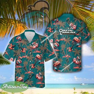 Flamingo Play With Coastal Carolina Chanticleers 3D Hawaiian Shirt For Men And Women - NCAA Coastal Carolina Chanticleers Flamingo Play Football Hawaiian Shirt Photo 2