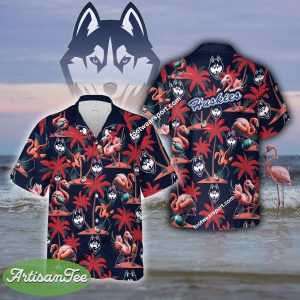 Flamingo Play With Connecticut Huskies Aloha Hawaiian Shirt Gift For Fans - NCAA Connecticut Huskies Flamingo Play Football Hawaiian Shirt Photo 2