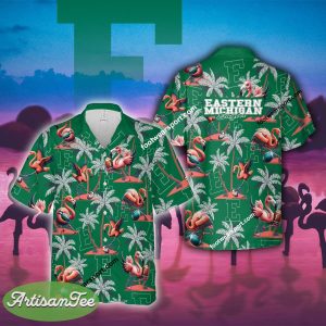Flamingo Play With Eastern Michigan Eagles Hawaiian Shirt For Beach - NCAA Eastern Michigan Eagles Flamingo Play Football Hawaiian Shirt Photo 2