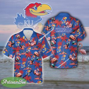 Flamingo Play With Kansas Jayhawks Hawaiian Shirt For Men And Women - NCAA Kansas Jayhawks Flamingo Play Football Hawaiian Shirt Photo 2