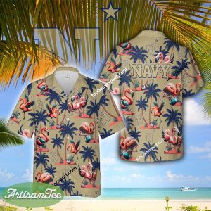 Flamingo Play With Navy Midshipmen Hawaiian Shirt For Men And Women - NCAA Navy Midshipmen Flamingo Play Football Hawaiian Shirt Photo 2