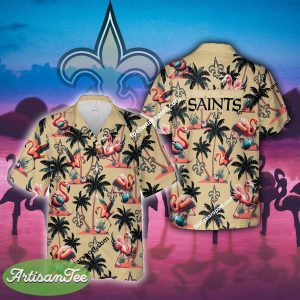 Flamingo Play With New Orleans Saints Hawaiian Shirt AOP Special Gifts - NFL New Orleans Saints Flamingo Play Football Hawaiian Shirt Photo 2