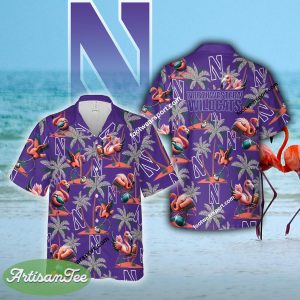 Flamingo Play With Northwestern Wildcats AOP Hawaiian Shirt Gift For Fans - NCAA Northwestern Wildcats Flamingo Play Football Hawaiian Shirt Photo 2