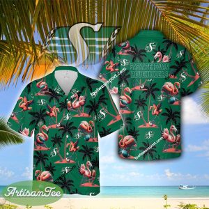 Flamingo Play With Saskatchewan Roughriders Hawaiian Shirt AOP Special Gifts - CFL Saskatchewan Roughriders Flamingo Play Football Hawaiian Shirt Photo 2