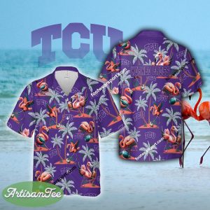 Flamingo Play With TCU Horned Frogs Hawaiian Shirt Gift For Summer - NCAA TCU Horned Frogs Flamingo Play Football Hawaiian Shirt Photo 2
