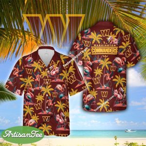 Flamingo Play With Washington Commanders AOP Hawaiian Shirt Gift For Fans - NFL Washington Commanders Flamingo Play Football Hawaiian Shirt Photo 2