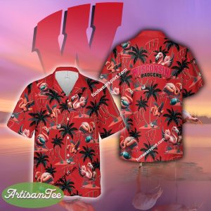 Flamingo Play With Wisconsin Badgers 3D Hawaiian Shirt For Men And Women - NCAA Wisconsin Badgers Flamingo Play Football Hawaiian Shirt Photo 2