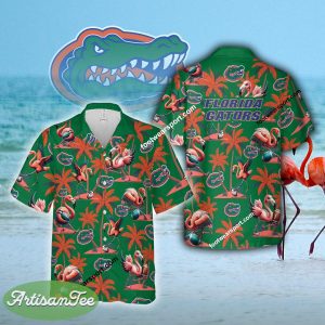 Florida Gators Coconut Tree Island Flamingo Play Football 3D Hawaiian Shirt For Summer - NCAA Florida Gators Flamingo Play Football Hawaiian Shirt Photo 2