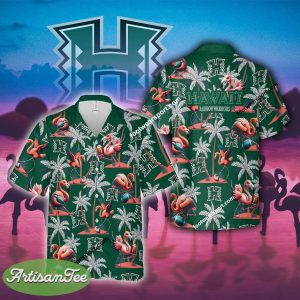 Hawaii Rainbow Warriors Coconut Tree Island Flamingo Play Football Hawaiian Shirt AOP Gift Beach - NCAA Hawaii Rainbow Warriors Flamingo Play Football Hawaiian Shirt Photo 2
