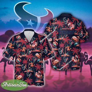 Houston Texans Coconut Tree Pattern Flamingo Play Football Hawaiian Shirt All Over Print For Summer - NFL Houston Texans Flamingo Play Football Hawaiian Shirt Photo 2