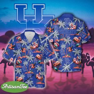 Kentucky Wildcats Coconut Tree Pattern Hawaiian Shirt AOP Flamingo Play Football For Men Women - NCAA Kentucky Wildcats Flamingo Play Football Hawaiian Shirt Photo 2