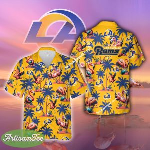 Los Angeles Rams Coconut Tree Pattern Flamingo Play Football AOP Hawaiian Shirt For Summer - NFL Los Angeles Rams Flamingo Play Football Hawaiian Shirt Photo 2
