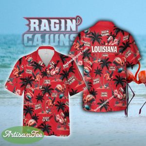 Louisiana Ragin Cajuns Coconut Tree Island Flamingo Play Football 3D Hawaiian Shirt For Men Women - NCAA Louisiana Ragin Cajuns Flamingo Play Football Hawaiian Shirt Photo 2