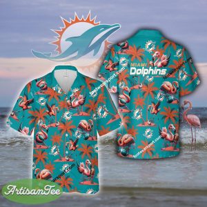Miami Dolphins Coconut Tree Pattern Flamingo Play Football Hawaiian Shirt All Over Print For Men Women - NFL Miami Dolphins Flamingo Play Football Hawaiian Shirt Photo 2