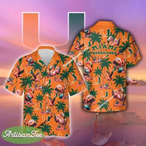 Miami (FL) Hurricanes Coconut Tree Island Flamingo Play Football Hawaiian Shirt AOP For Summer - NCAA Miami (FL) Hurricanes Flamingo Play Football Hawaiian Shirt Photo 2