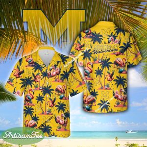 Michigan Wolverines Coconut Tree Island AOP Hawaiian Shirt Flamingo Play Football Gift Beach - NCAA Michigan Wolverines Flamingo Play Football Hawaiian Shirt Photo 2