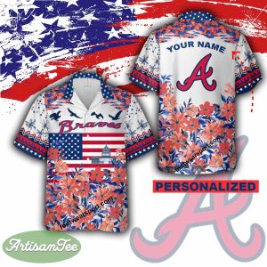 MLB Atlanta Braves Men Women Hawaiian Shirt All Over Print Gift Independence Day Custom Name - MLB Atlanta Braves Independence Day Hawaiian Shirt Photo 2