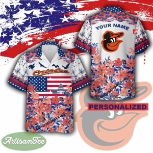 MLB Baltimore Orioles Memory AOP Hawaiian Shirt Custom Name - MLB Baltimore Orioles Independence Day Hawaiian Shirt Photo 2