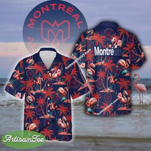 Montreal Alouettes Coconut Tree Pattern Flamingo Play Football Hawaiian Shirt For Summer - CFL Montreal Alouettes Flamingo Play Football Hawaiian Shirt Photo 2