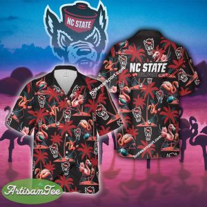 NC State Wolfpack Coconut Tree Island Hawaiian Shirt Flamingo Play Football For Men Women - NCAA NC State Wolfpack Flamingo Play Football Hawaiian Shirt Photo 2