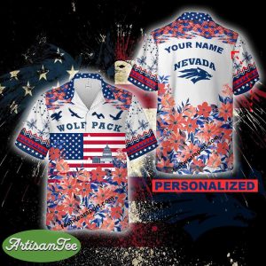 Nevada Wolf Pack AOP Hawaiian Shirt Gift Independence Day Custom Name - Nevada Wolf Pack Independence Day Hawaiian Shirt Photo 2