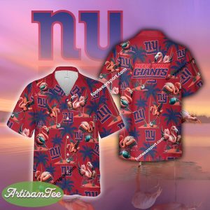 New York Giants Flamingo Play Football Coconut Tree Pattern 3D Hawaiian Shirt Gift Beach - NFL New York Giants Flamingo Play Football Hawaiian Shirt Photo 2