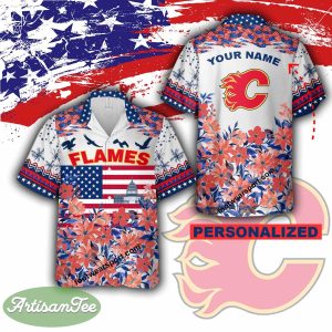 NHL Calgary Flames AOP Hawaiian Shirt Gift Independence Day Custom Name - NHL Calgary Flames Independence Day Hawaiian Shirt Photo 2