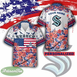 NHL Seattle Kraken Hawaiian Shirt Gift Independence Day Custom Name - NHL Seattle Kraken Independence Day Hawaiian Shirt Photo 2