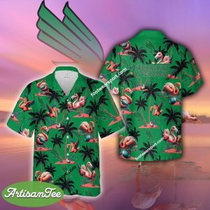 North Texas Mean Green Coconut Tree Pattern Aloha Hawaiian Shirt Flamingo Play Football For Men Women - NCAA North Texas Mean Green Flamingo Play Football Hawaiian Shirt Photo 2