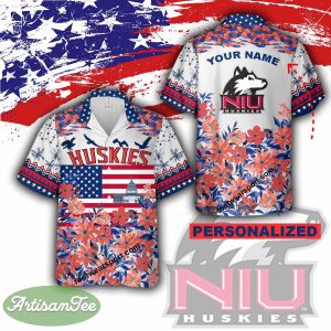 Northern Illinois Huskies AOP Hawaiian Shirt Gift Memory Day Custom Name - Northern Illinois Huskies Independence Day Hawaiian Shirt Photo 2