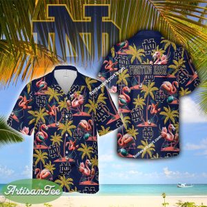 Notre Dame Fighting Irish Coconut Tree Pattern Flamingo Play Football Hawaiian Shirt For Summer - NCAA Notre Dame Fighting Irish Flamingo Play Football Hawaiian Shirt Photo 2